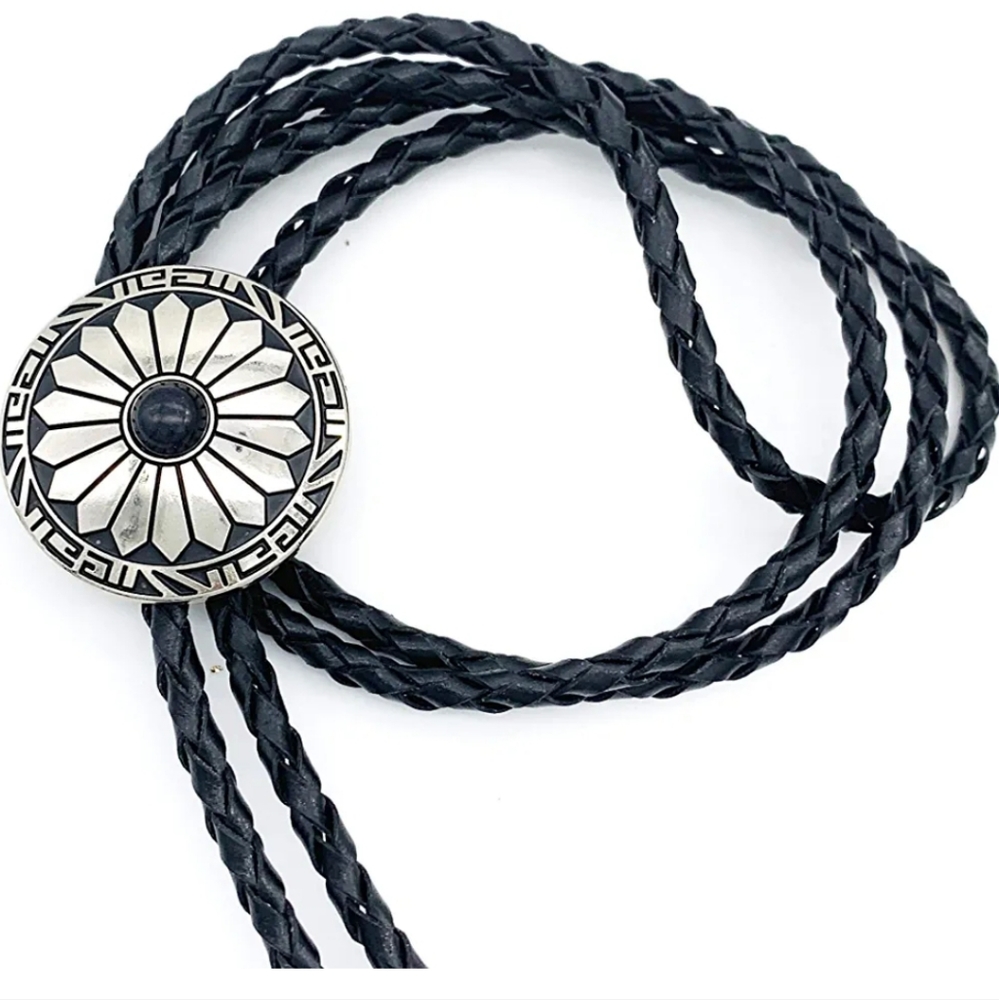 New western black and silver leather bolo tie 40"